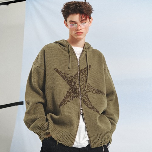 Starfish Hood Zip-Up Sweater(KHAKI)